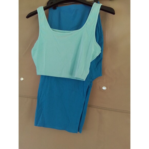 2 Piece Scoop Neck Sleeveless Ribbed Tank Top Bodycon Slit Midi Skirt Outfit Dr - Picture 2 of 7